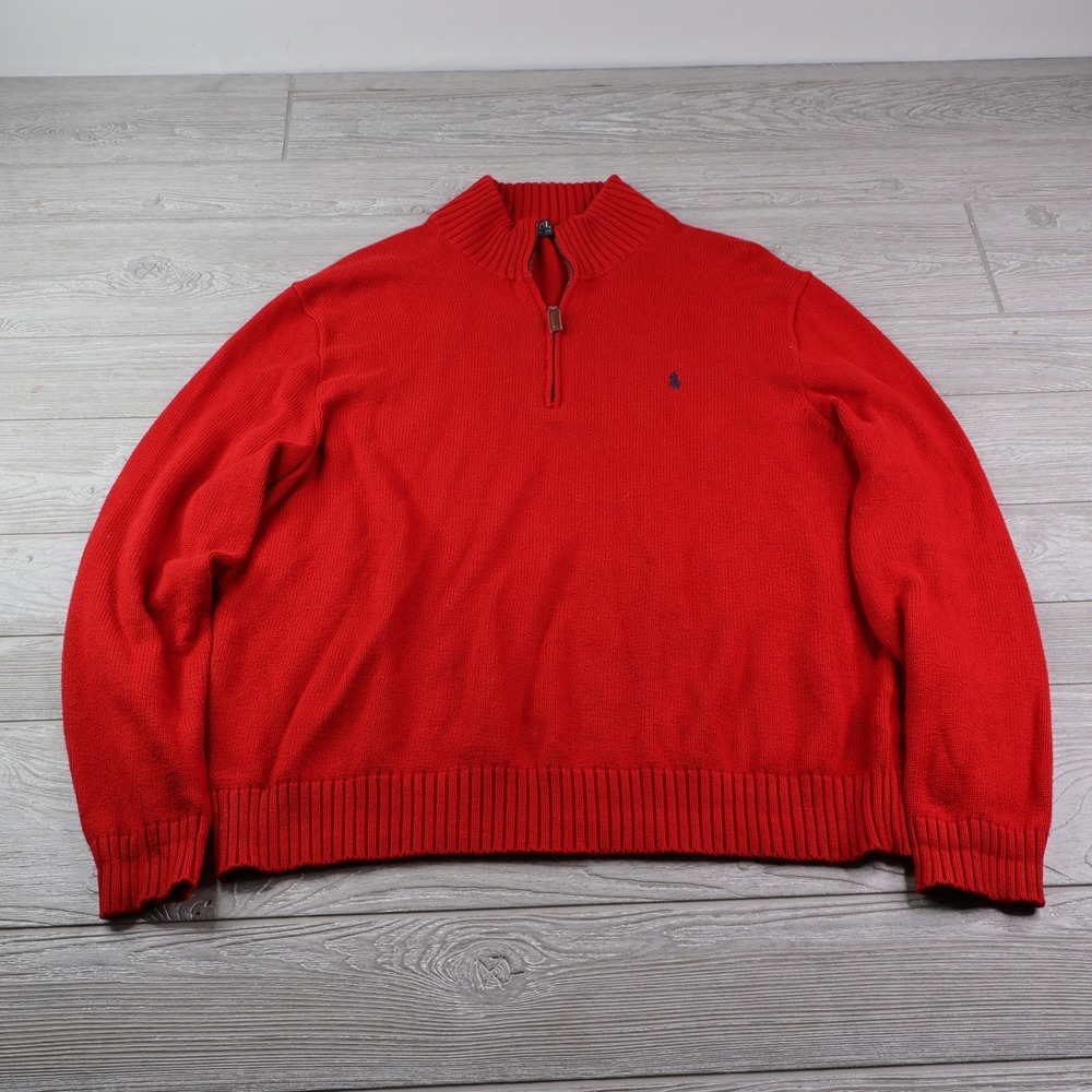 Polo Ralph Lauren 1/4 Zip Cotton Sweater Men's XL Red Navy Pony